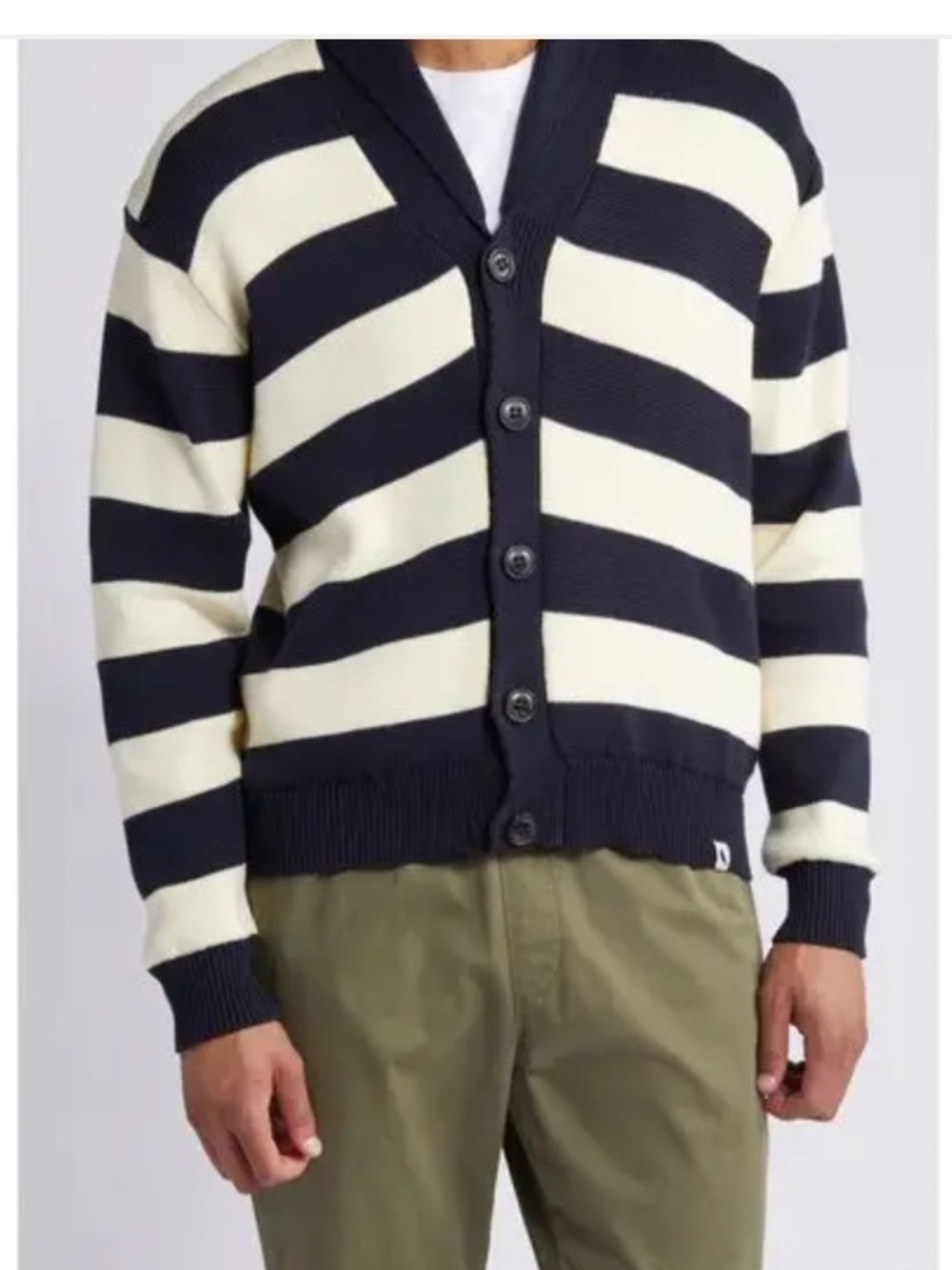 PEREGRINE Richmond Stripe Cardigan Navy White Medium 100% cotton Made in England